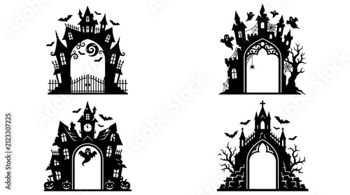 Fotografie Set of four spooky gothic castle archways with bats and ghosts for halloween des