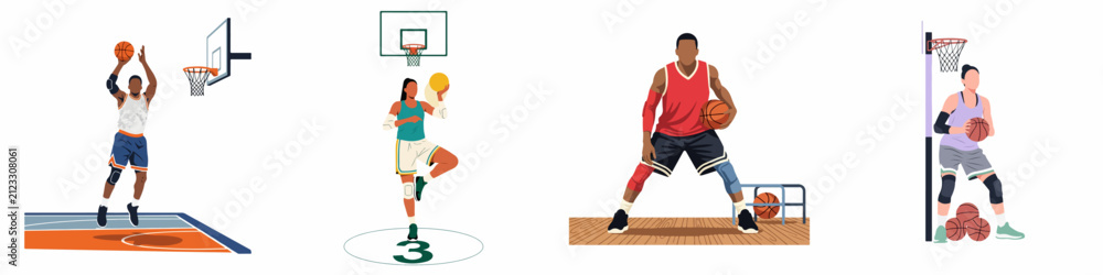 Obraz premium Flat vector illustrations of diverse male and female basketball players practicing shooting, dribbling, and playing on different court backgrounds.