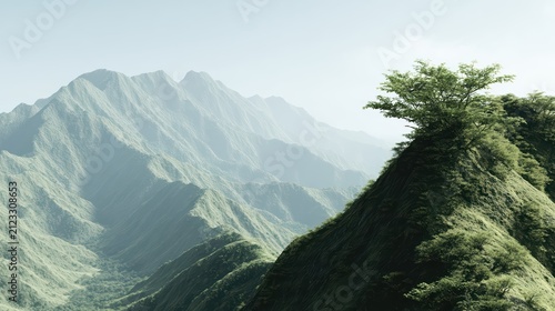 Photorealistic landscape of vibrant green hills and a lone tree on a ridge. Dramatic sunlight casts soft shadows, highlighting the serene rural scenery.