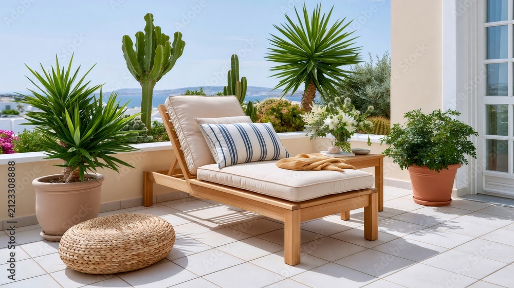 Fototapeta premium Relaxing on a sunny Mediterranean terrace with ocean view