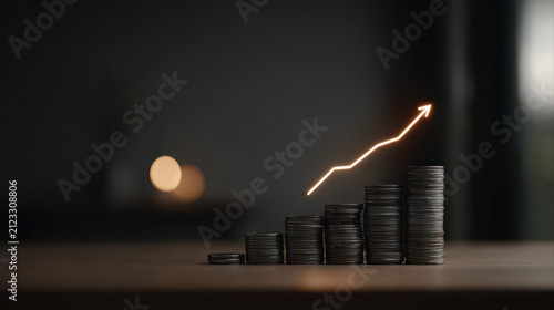 Stacked coins rise in height on a minimal desk as a glowing arrow graph ascends above them. Dramatic lighting and soft bokeh evoke financial growth and prosperity.