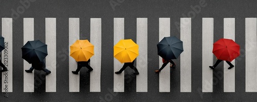 A crowd walks across a wet city crosswalk under dark umbrellas, with one yellow umbrella standing out. Cinematic, ultra realistic photo evoking individuality and contrast.