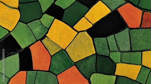 A stunning drone view of geometric farmland patterns with vibrant green, yellow, and brown fields. This colorful countryside patchwork showcases abstract agricultural beauty.