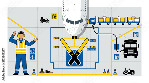 Airport ground handling infographic illustration showing aircraft loading and marshalling. EPS Editable