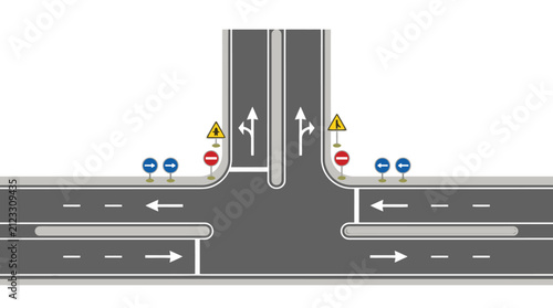 Detailed top down illustration of a t junction road intersection with traffic signs and lane markings. EPS Editable