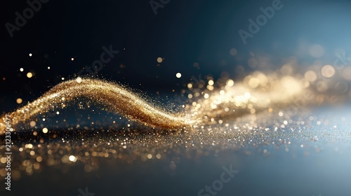 A swirling wave of golden glitter sparkles against a dark background. The shimmering particles create a magical, elegant, and festive abstract scene.
