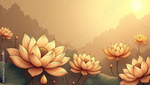 Golden Lotus Flowers Blooming in Serene Mountain Landscape.