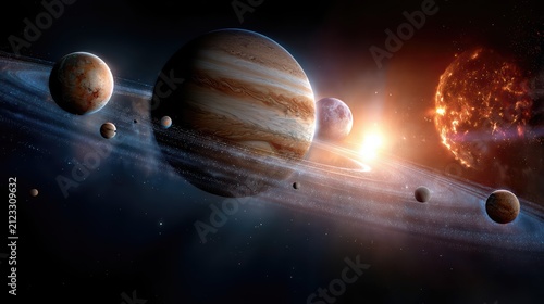 A photorealistic illustration of several planets with glowing rings and a fiery star in deep space. Stunning cosmic lighting highlights this vibrant solar system scene.