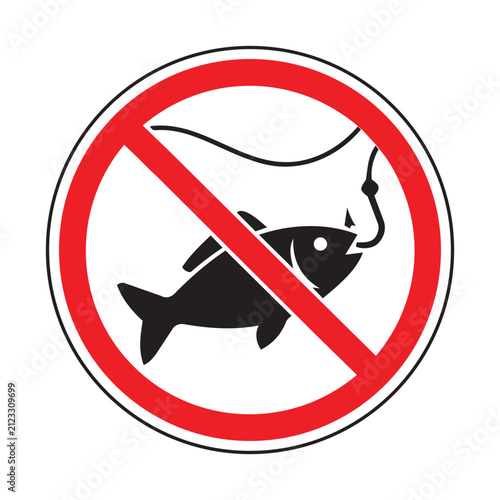 No fishing prohibition icon with fish and hook symbol isolated on transparent background, Vector, illustration