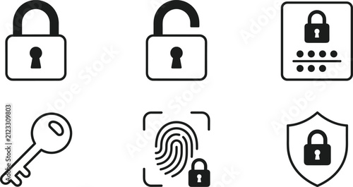 Security and access control icons featuring locks, keys, and fingerprint scanner