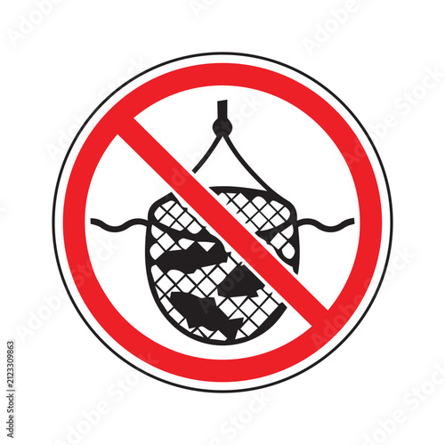 Prohibited fishing symbol with net and hook icon isolated on transparent background, Vector, illustration