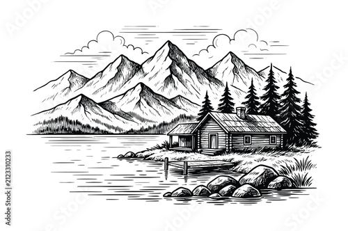静かな山の湖の小屋の手描き