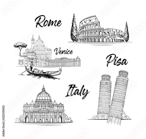 イタリアの有名なランドマークや都市の手描き