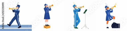 A collection of flat design illustrations featuring marching band trumpet players in blue uniforms, performing in various poses on a white background.