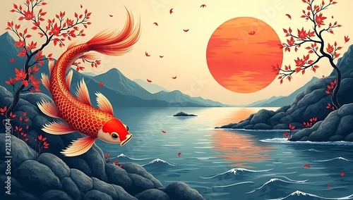 Serene Koi Fish Swimming in a Tranquil Japanese Landscape.