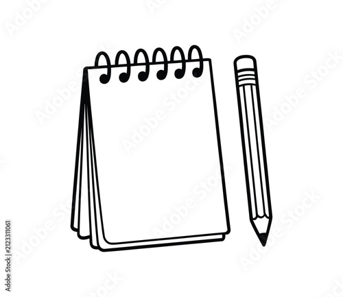 Hand drawn blank notepad and pencil sketch vector illustration featuring flip notebook page, stationery copy space template for writing, education and office design.
