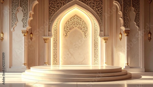 An ornate arched alcove with intricate stone carvings is illuminated by warm golden light.