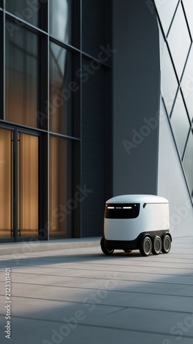 Autonomous delivery robot outside a modern office building, smart logistics, urban mobility, future technology, innovation.