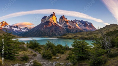 Mountain peaks glow at sunrise over a still lake in a rugged, scenic landscape