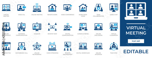 Virtual Meeting and Video Conference Vector Icon Set. Remote Work,Communication, and Team Collaboration 
