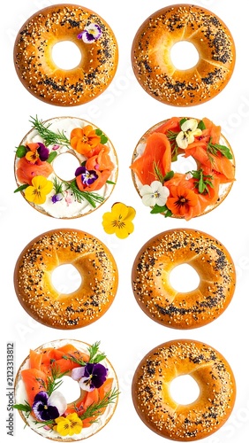 A selection of six bagels, with three topped with smoked fish and vegetables, on a white background