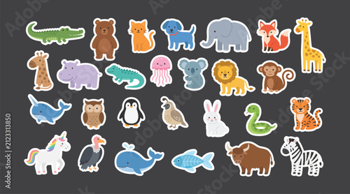 Set of cute cartoon wild animal stickers for kids with wildlife collection illustration elephant crocodile jellyfish graphics children character