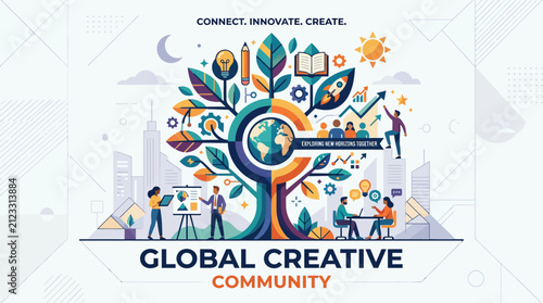 A colorful illustration depicting a collaborative creative community concept
