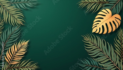 Elegant Green and Gold Tropical Leaf Background Design.