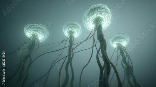Abstract luminous threads mimicking rain in a glowing underwater environment
