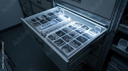 Archive drawer containing glowing photographic slides and documents.