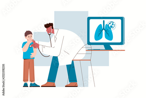 Pediatrician performs diagnosis of child's lungs. Pulmonologist conducts auscultation, computer screen shows lungs with bacterial infection. Vector illustration character