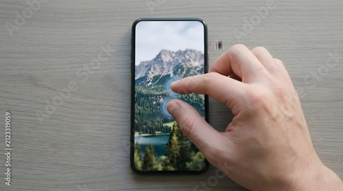 Hand tapping smartphone screen with scenic wallpaper, representing mobile interaction, app usage, and everyday digital communication.