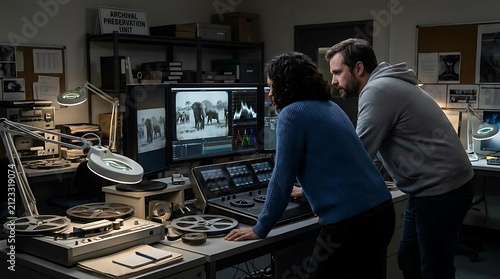 Archivists analyzing vintage film reels in dark room.