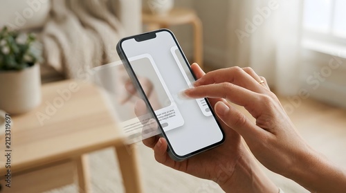 Hand holding smartphone with blank screen, representing mobile app usage, user interaction, and modern communication technology.