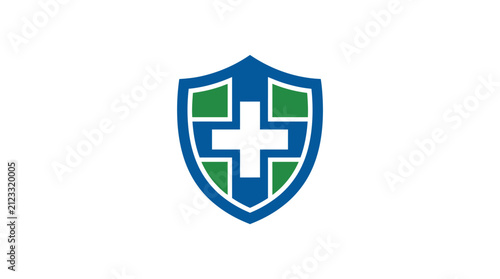 A blue and green shield icon featuring a white cross symbol on a white background