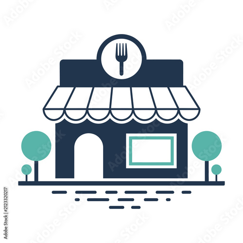Restaurant building icon with fork symbol for dining cafe and food service store