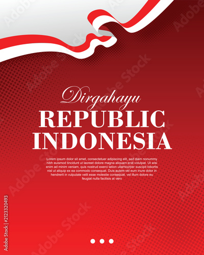Indonesia Independence Day greeting poster features elegant typography and a flowing red and white ribbon.