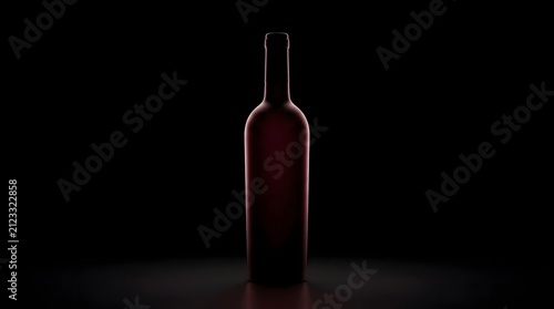 A single dark glass wine bottle silhouette isolated on a black background with dramatic rim lighting