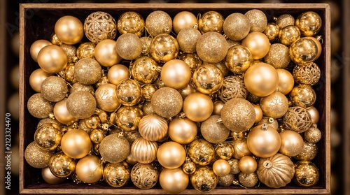 A wooden box filled with a variety of gold christmas ornaments and baubles
