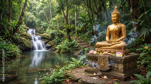 Golden buddha statue in meditation pose near a lush jungle waterfall, incense smoke and floral offerings, zen sanctuary