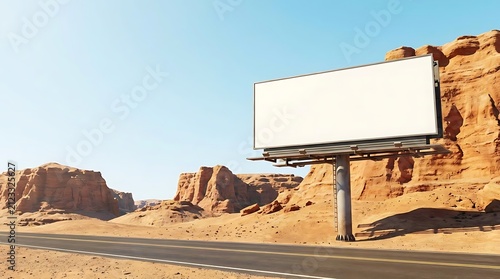 A blank billboard mockup situated along an empty asphalt road in a rugged desert landscape with sandstone cliffs under a clear blue sky background