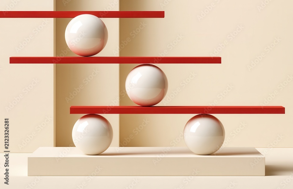 Obraz premium Balanced minimalist composition of glossy spheres and red planks on neutral geometric platforms for modern design