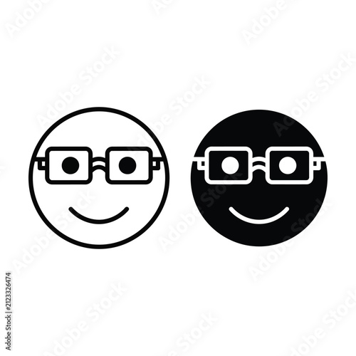 Smiley face with glasses vector icon. Minimalist happy emoji outline illustration for design and branding.