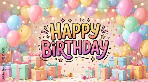 Happy birthday background with pastel balloons and gift boxes