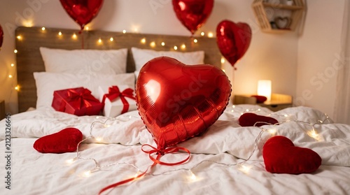 Romantic bedroom setting with red heart balloons and gifts on a bed