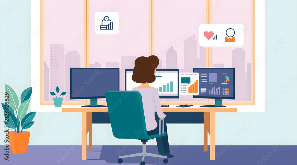 Fototapeta premium Flat Vector Illustration of Woman Working at Multi Monitor Desk Setup with Data Charts in Modern Office, Remote Work and Analytics Concept