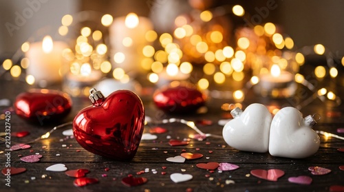 Romantic composition with red and white heart ornaments on a dark wooden table with warm bokeh fairy lights