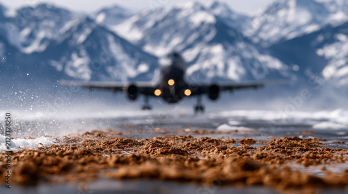Commercial passenger airplane landing on runway near snowy mountains
