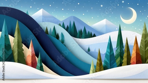 Layered paper cut art winter landscape with snow covered hills and pine trees under starry night sky