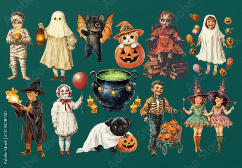 Vintage Halloween Costume Illustrations Element Set